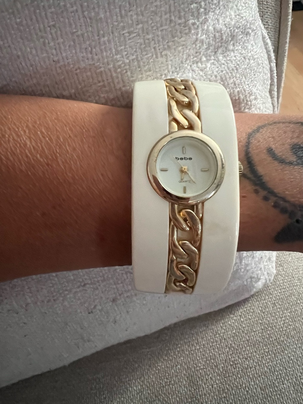 bebe White and Gold Chain Bangle Watch
